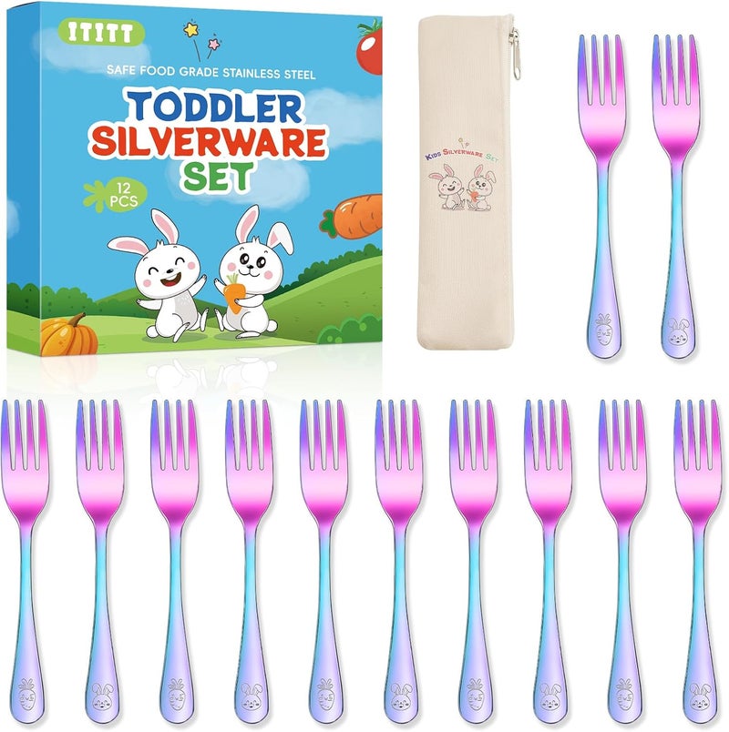 ITITT 12 Pieces Stainless Steel Rainbow Toddler Forks Set Kids Forks - Food Grade Kids Silverware Set Children Safe Small Forks Mirror Polished Sturdy and Durable Dishwasher Safe - Image 1